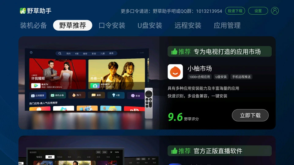 野草助手TV版首页与应用推荐界面